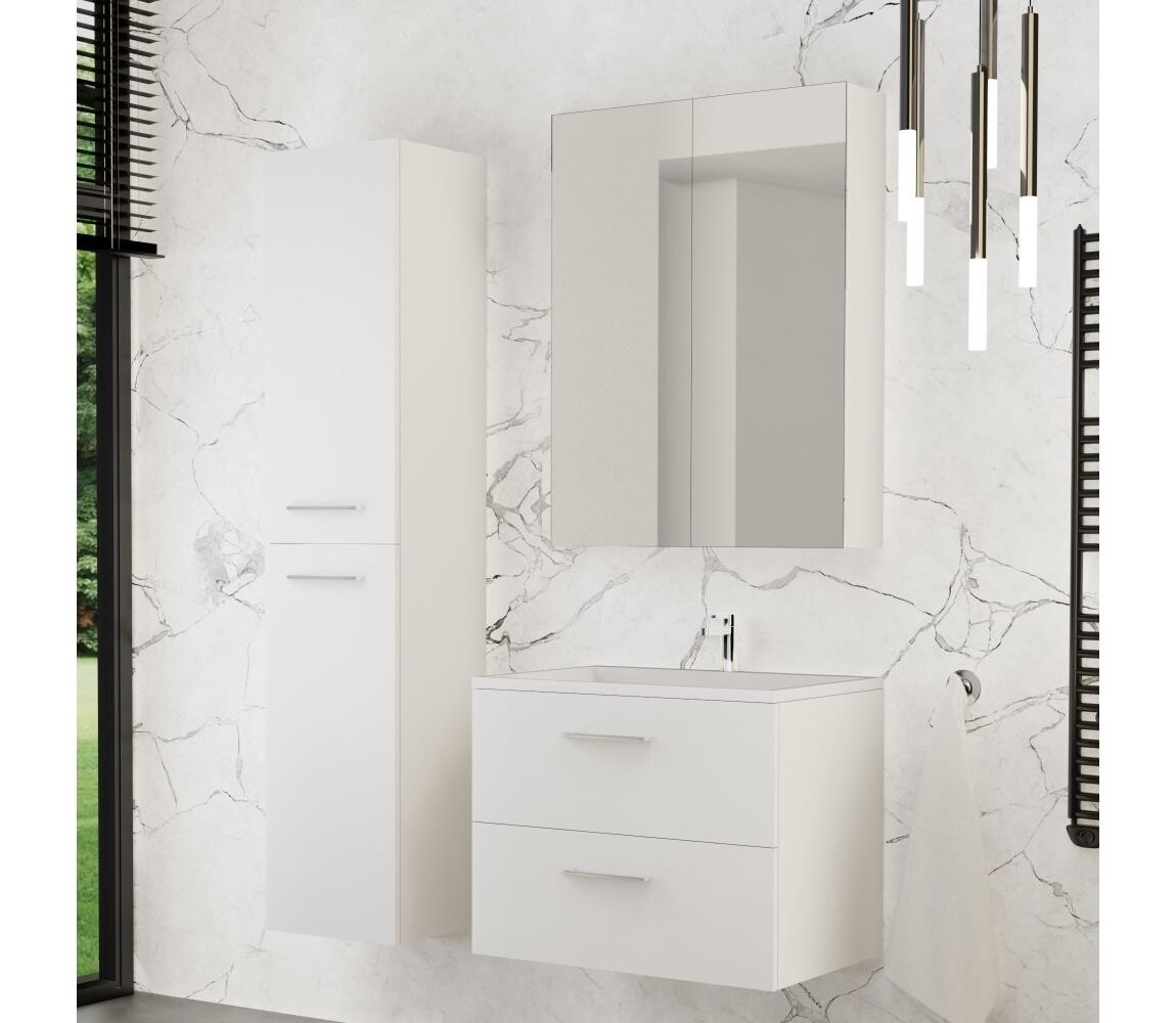 BWS Koupelnová skříňka s umyvadlem KATE + zrcadlová skříňka + nástěnná skříňka bílá Nataly SET white