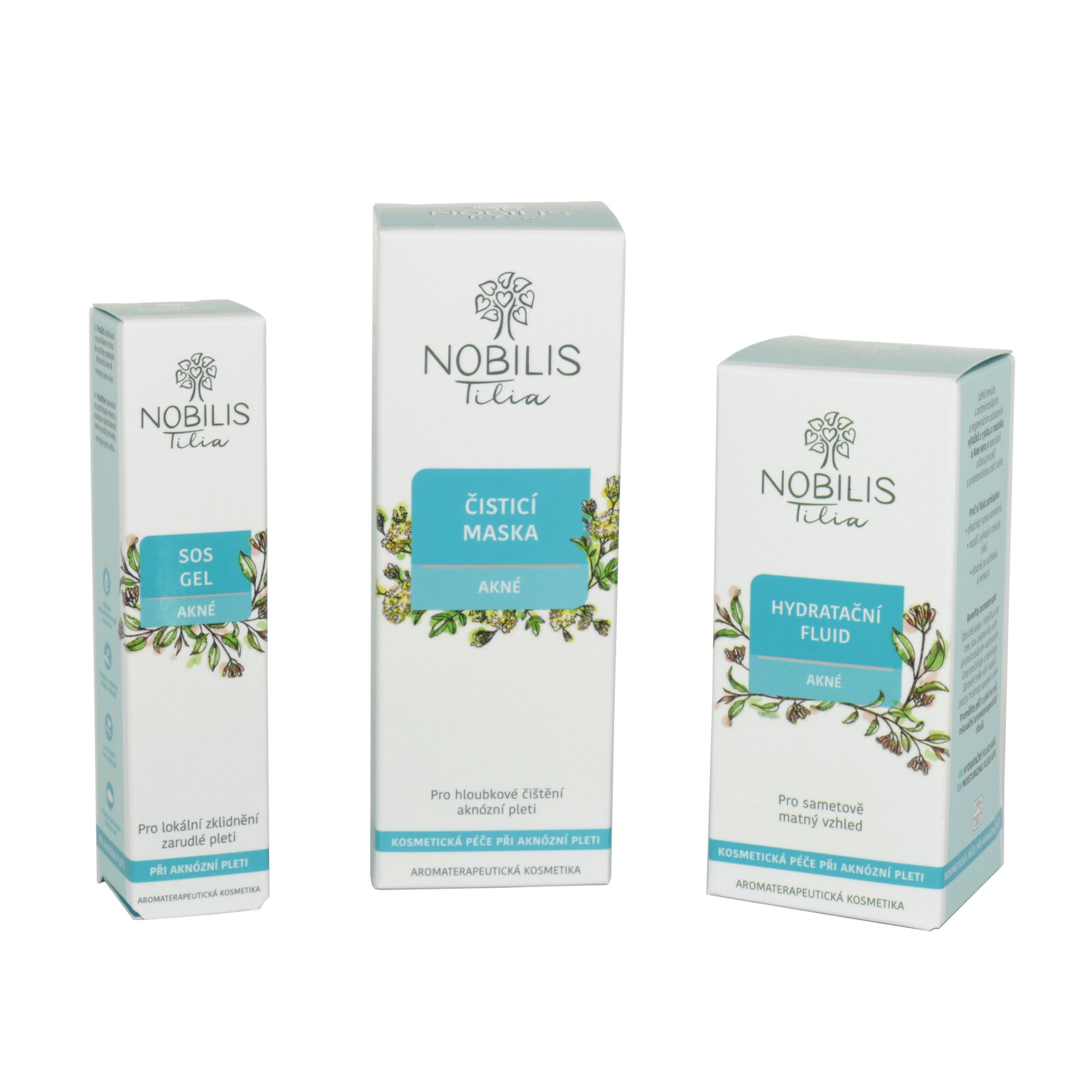 Sada Nobilis Tilia pro péči o aknozní pleť - SOS gel, Čistící maska na Akné 50 ml, Hydratační fluid na Akné