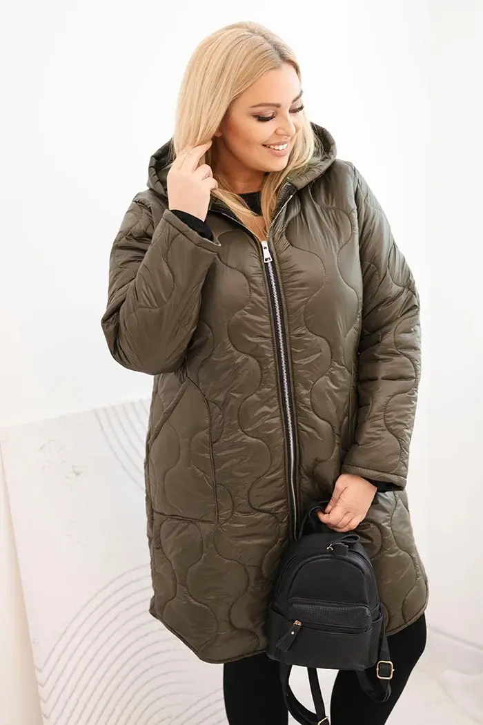 Kesi Włoski Dámská zimní prošívaná bunda Plus Size s kapucí khaki