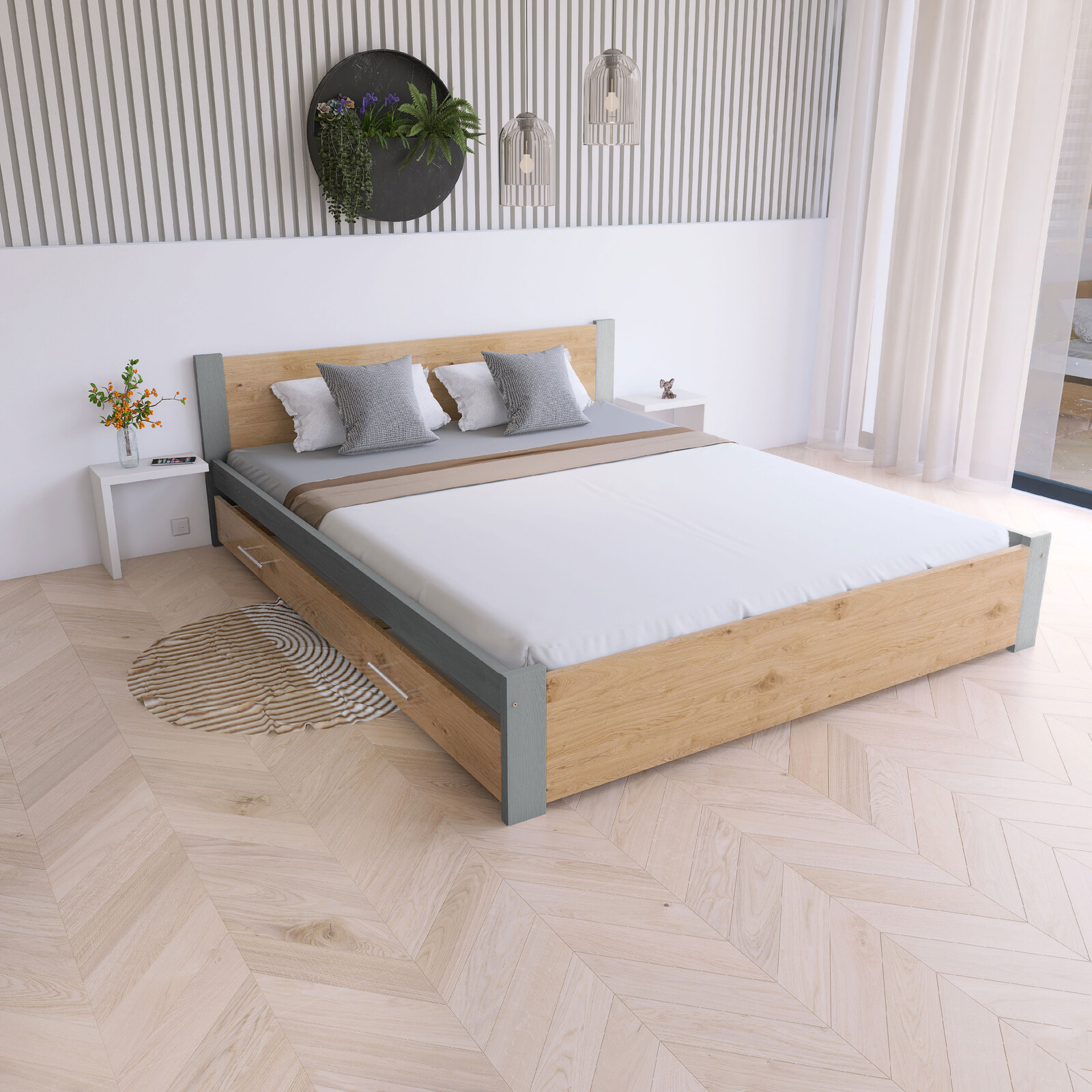 Maxi Postel z masivu Iris 140x200 cm, ŠEDÁ/Dub Artisan - 2.jakost