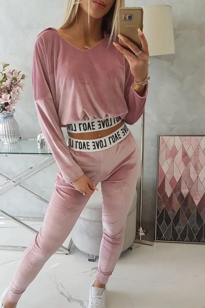 Kesi velurová souprava s kapucí růžová