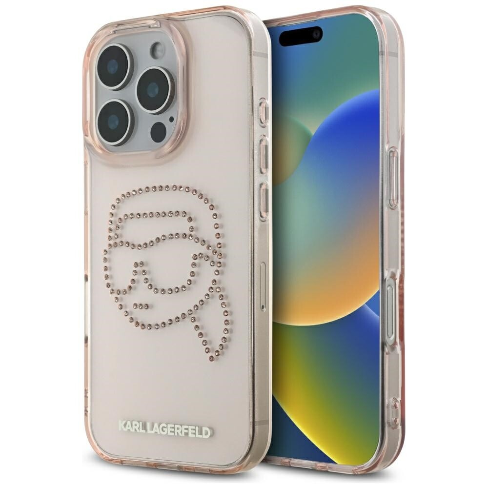 Karl Lagerfeld IML Rhinestones iPhone 16 Pro růžový Karl Head
