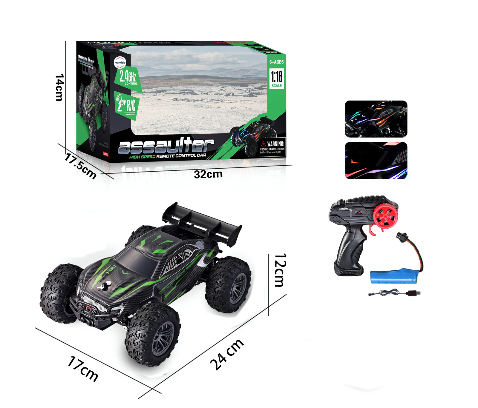 Mamido Mamido Auto na dálkové ovládání RC Terénní 1:18 s LED světly 2,4 GHz zelené