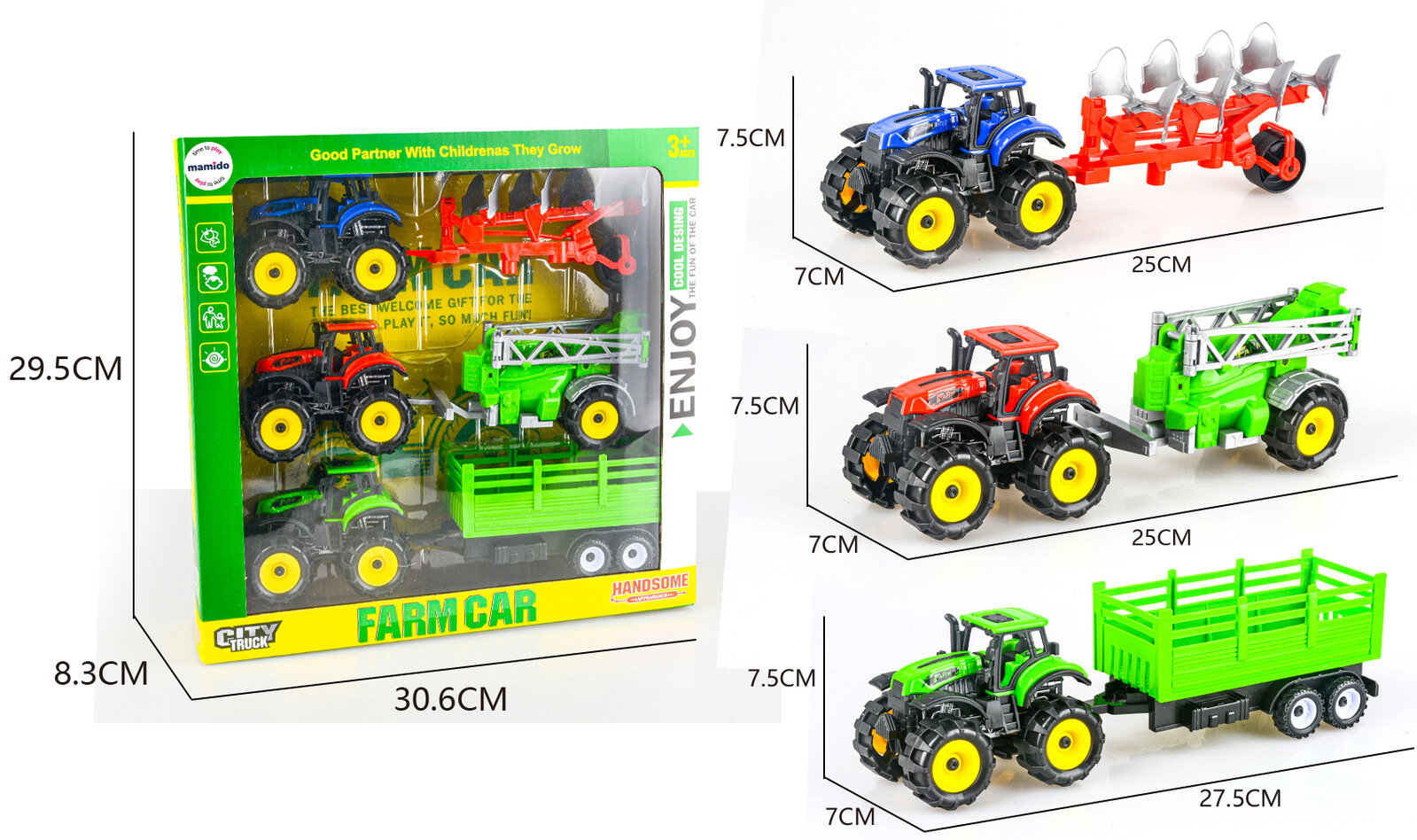 Mamido Mamido Sada tří farmářských traktorů s vlečkou