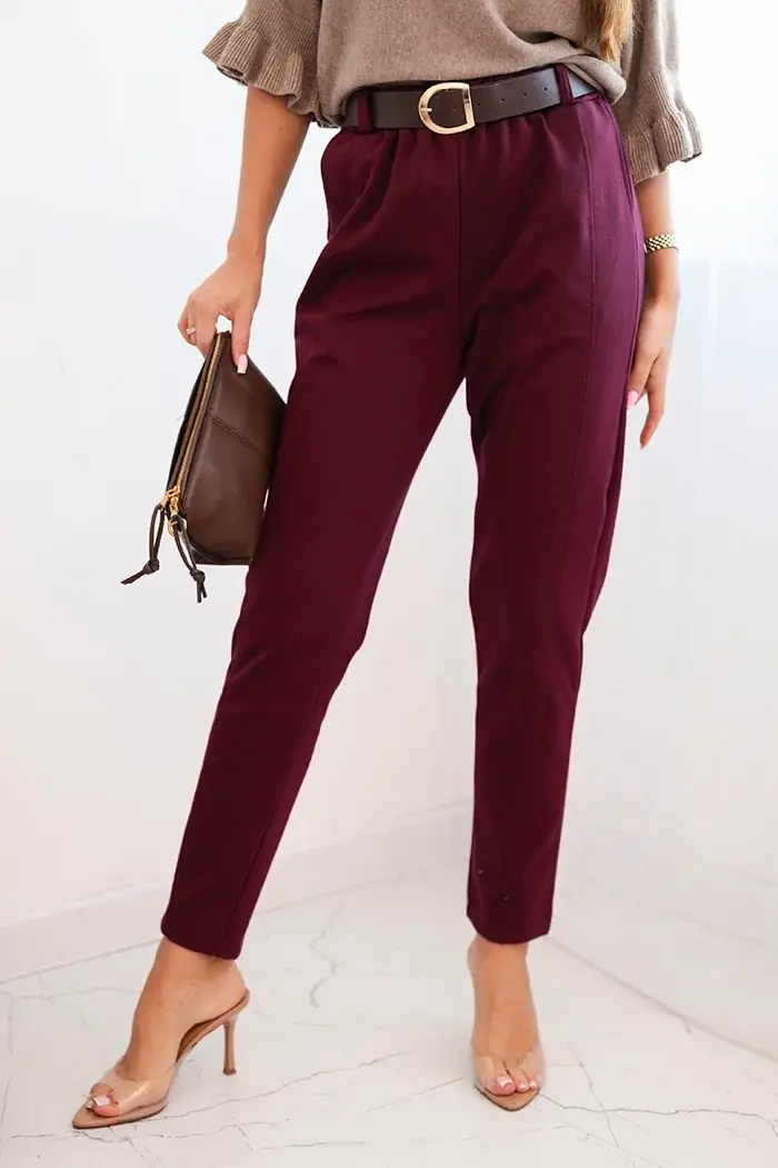 Dámské viskózové kalhoty s páskem, bordó