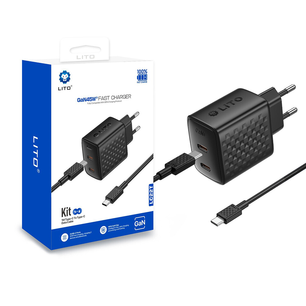 Lito Wall Charger LC22T s kabelem Type-C 2x Type-C výstup PD45W GaN EU zástrčka 1m černá