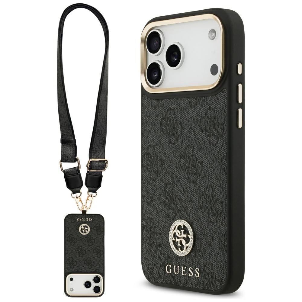 Guess 4G Strass Logo s velkým popruhem kovové tlačítko MagSafe iPhone 17 Pro Max černá