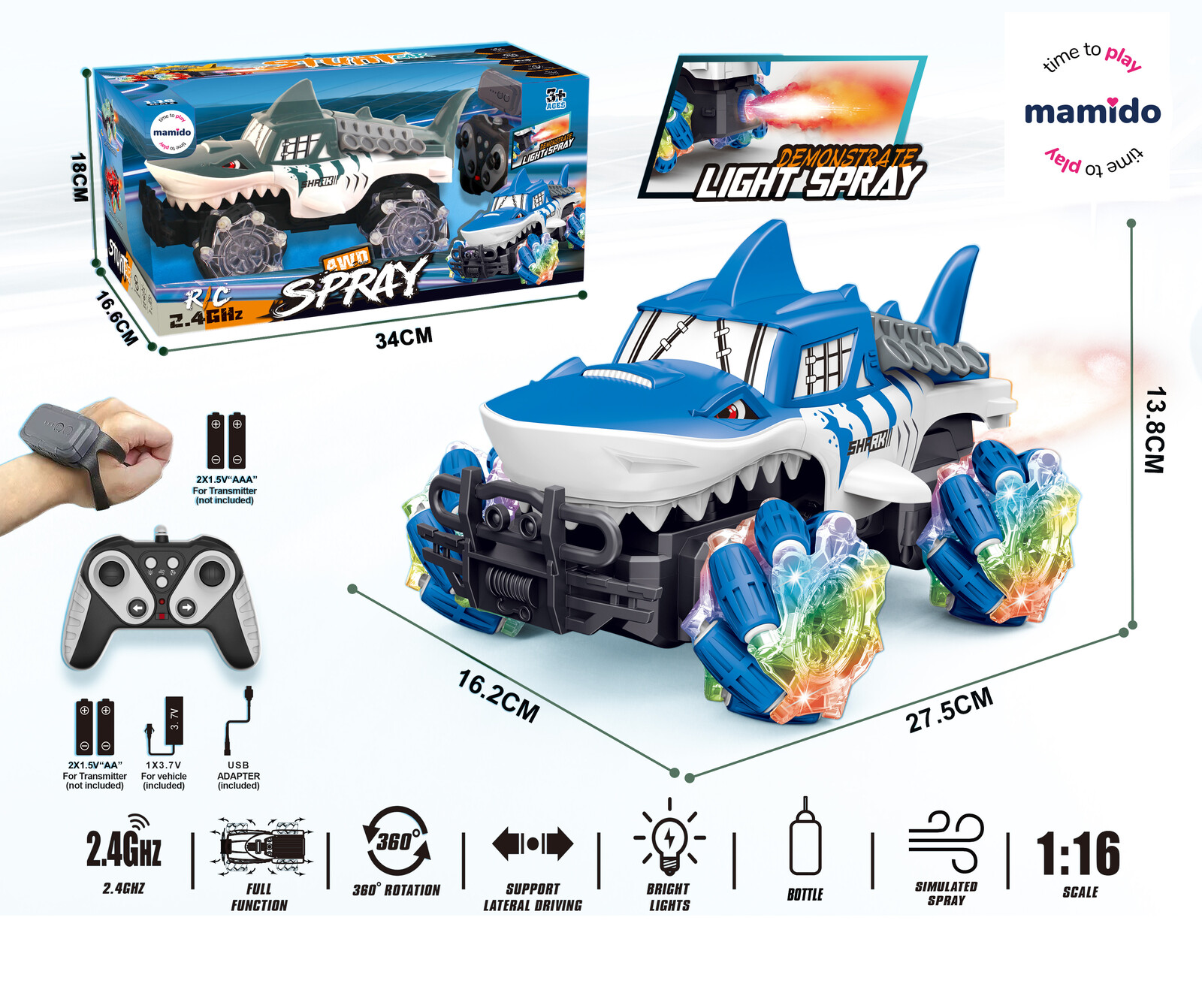 Mamido Mamido Auto na dálkové ovládání RC 1:16 Shark Stunt modré, Watch Control
