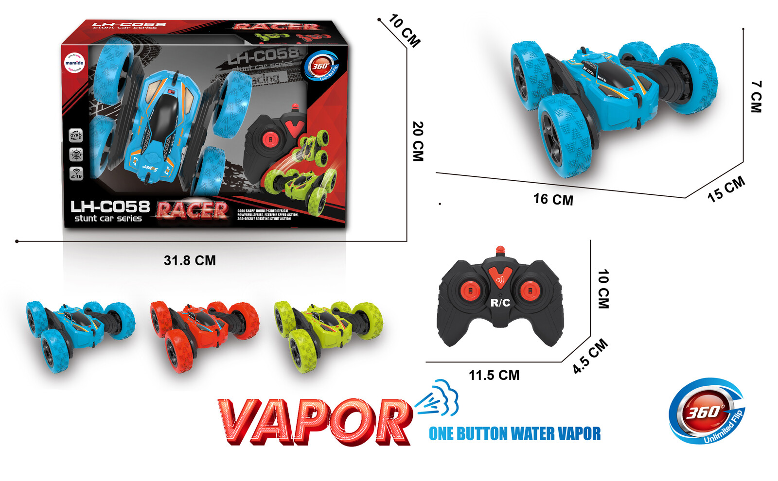 Mamido Mamido Auto na Dálkové Ovládání s Vodní Párou RC Kaskadérské 360° Otočky modré