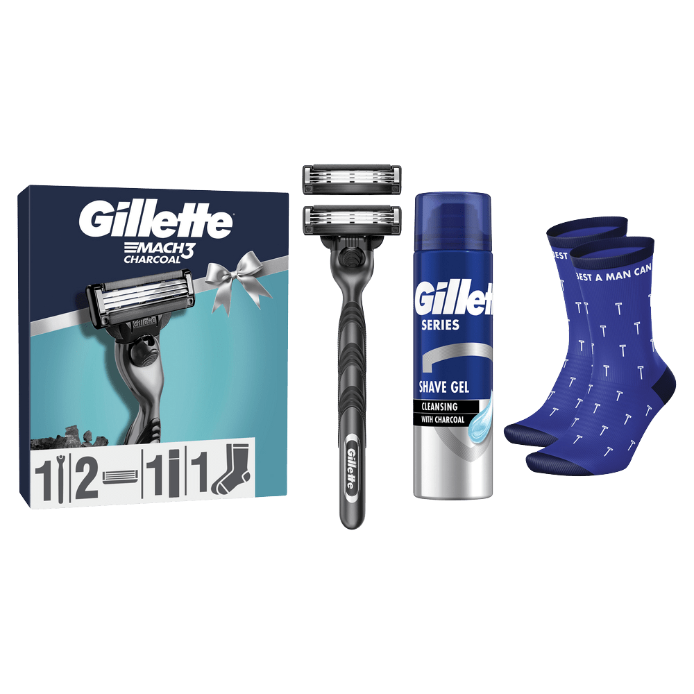 GILLETTE Mach3 Charcoal dárková sada - holící strojek a čistící gel na holení + dárek