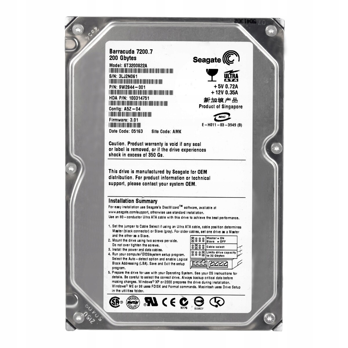 Seagate Barracuda 7200.7 200GB 7.2K 8MB Ata 3.5'' ST3200822A