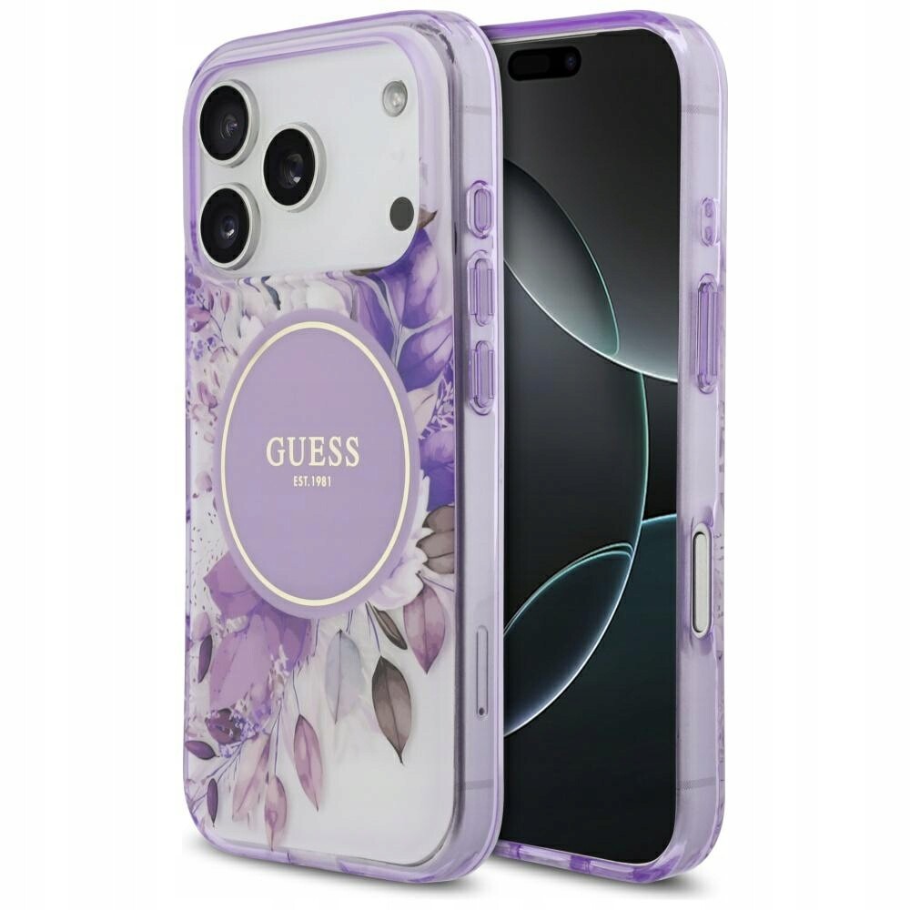 Pouzdro Guess IML Flower & Tonal Circle MagSafe pro iPhone 17 Pro fialové