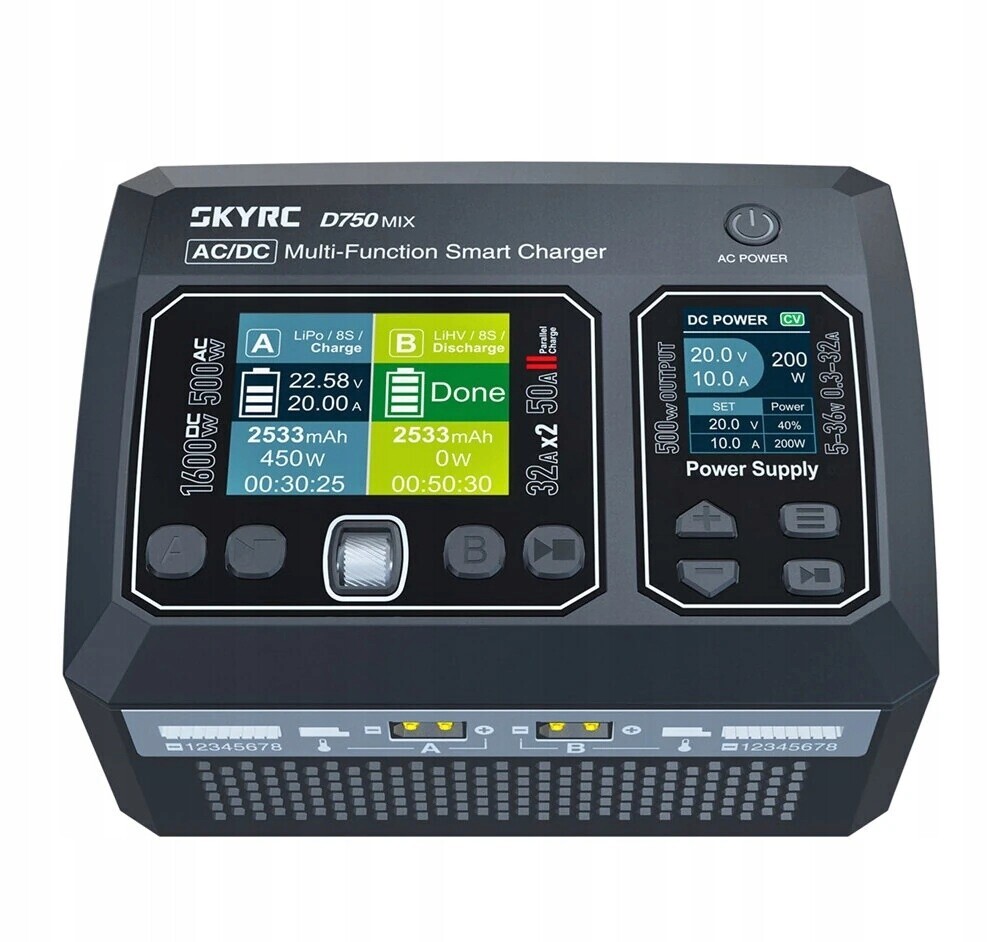 SkyRC D750 MIX Dvoukanálová nabíječka Ac/dc 500W/1600W 32A 8S LiPo/LiFe/LiIo