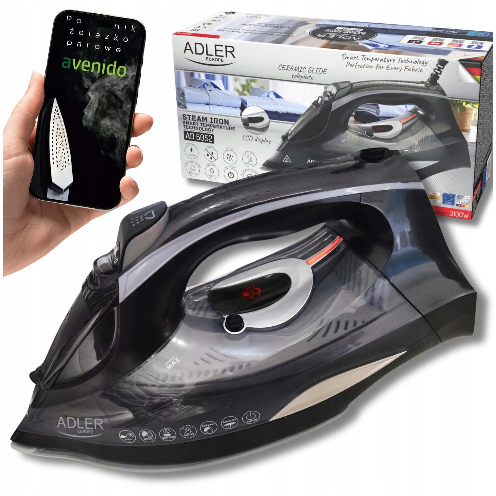 Žehlička Keramická žehlicí plocha Žehlení vertikálně LCD 3100W Adler AD5052