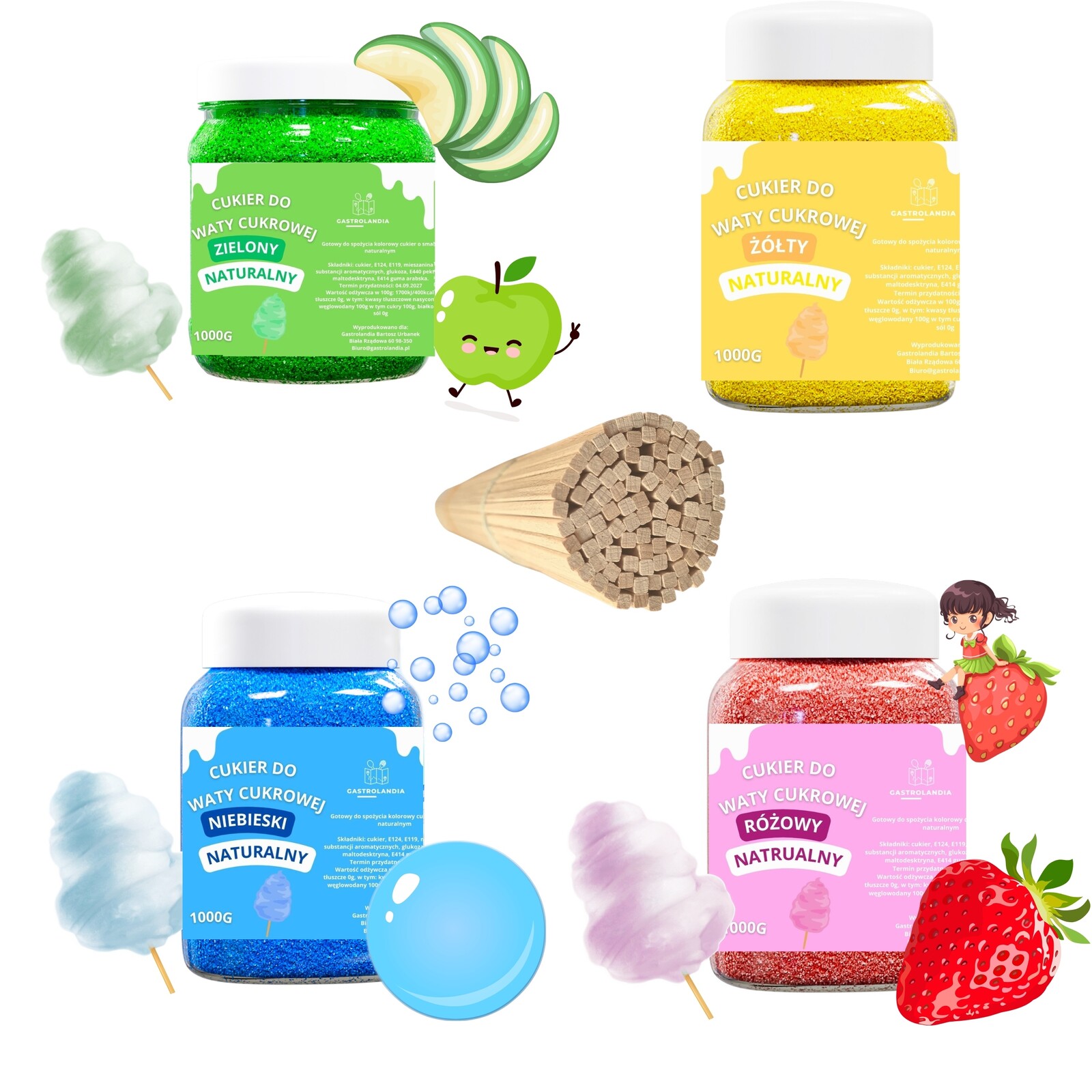 Set Barevný Cukr na cukrovou vatu 4 x 1 kg Bukové tyčinky 38 Cm Pzh