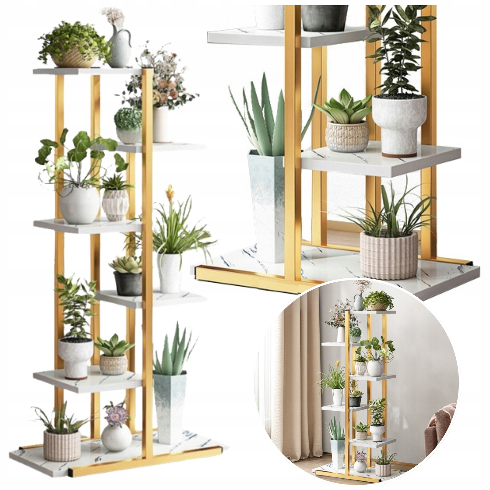 Zlatý Květinový Záhon Velký Stojan Na Květiny Rostliny Kovový Regál Mramor Bílý