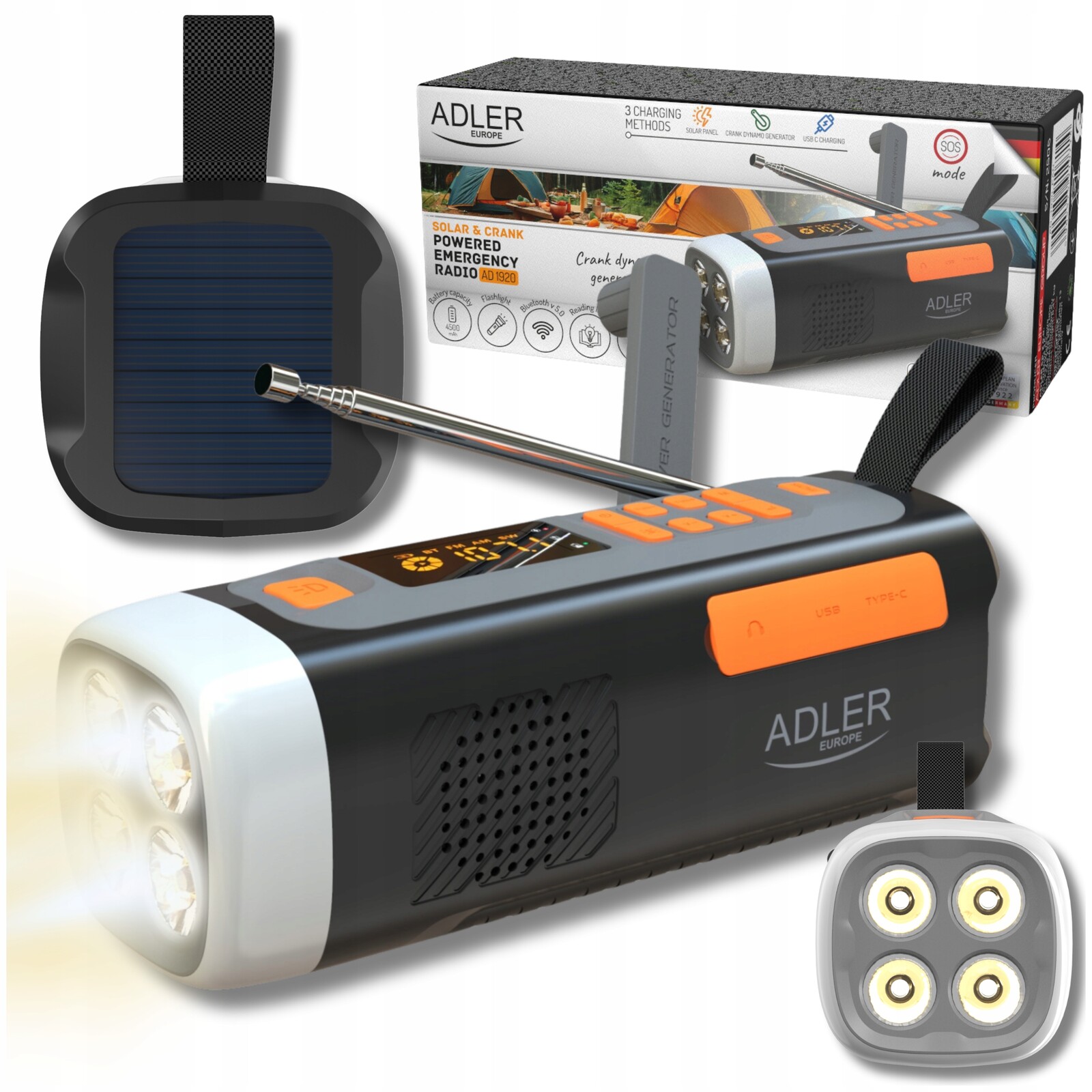 Přenosné rádio Solární klika Nouzová Powerbanka Svítilna Prepers Bluetooth