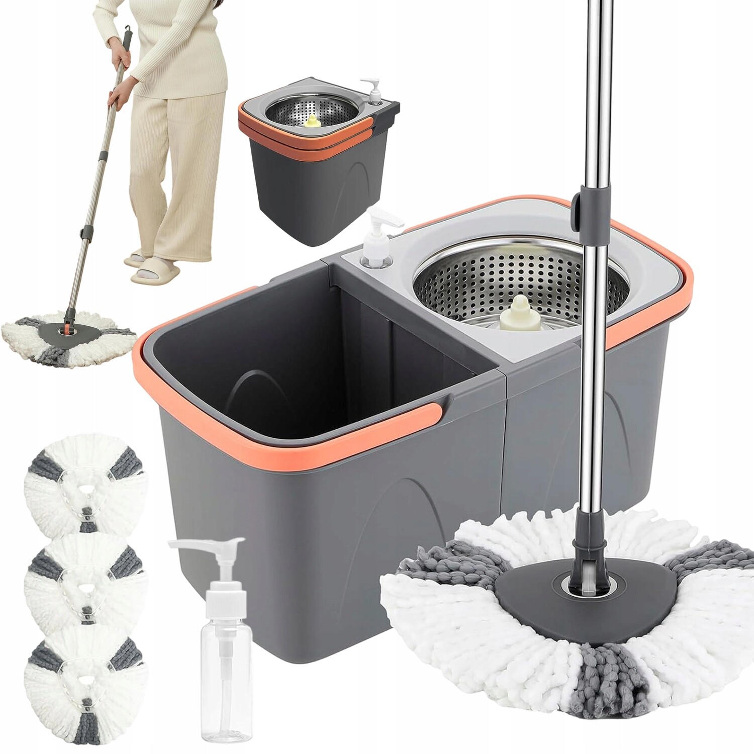 360° Rotační Mop S Kbelíkem, Rotační, Dvoukomorový, Nastavitelný, 113-138 CM