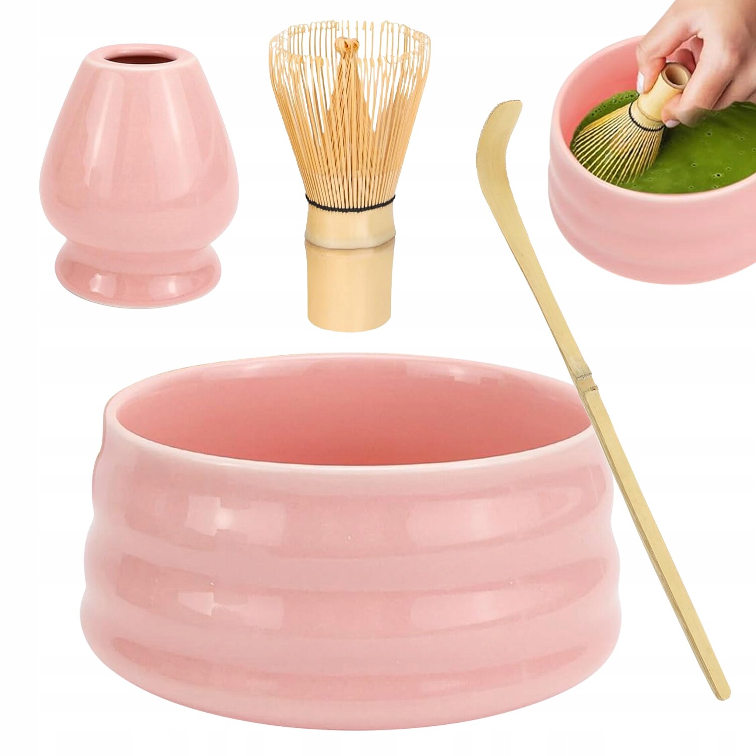 Růžový Bambusový Dárková Sada Na Čaj Matchy Miska Šlehací Metla Lžíce