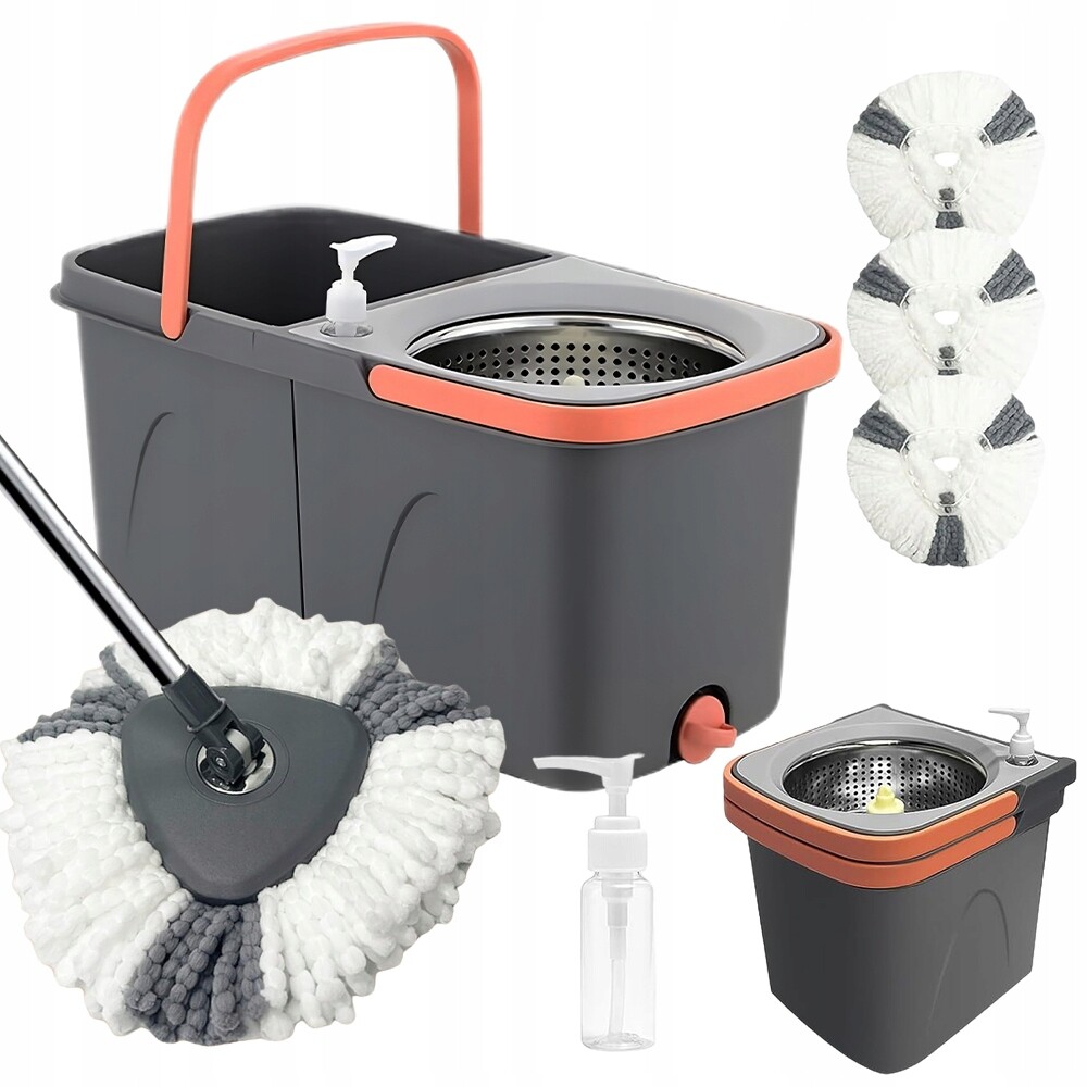 Sada Mopů Rotační Podlahový Rotační 360° 3 Nástavce Mikrovlákno Kbelík