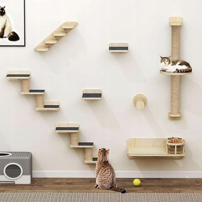 Dřevěné nástěnné police pro kočky Sada 8 prvků Škrabadlo misky sloupky