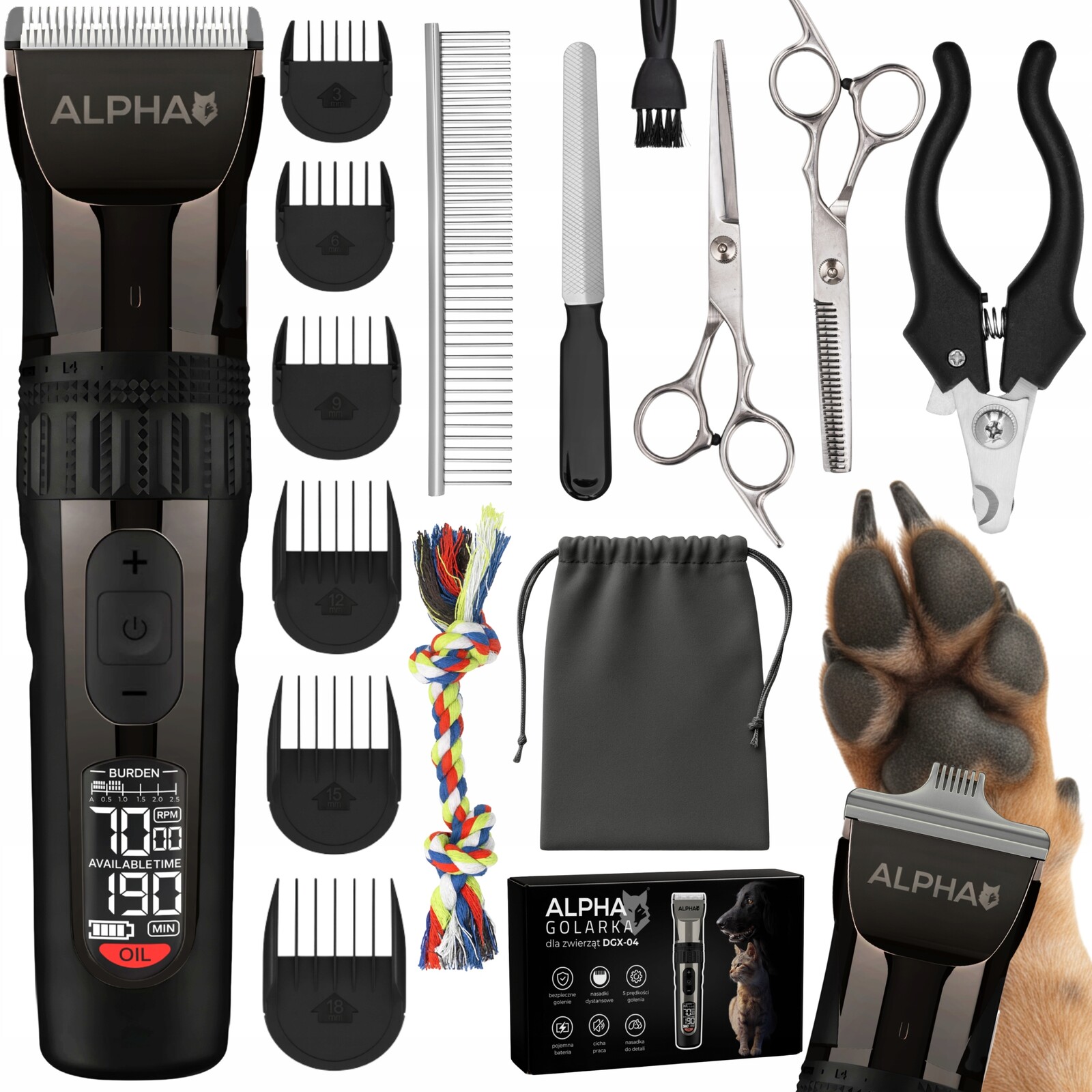 Strojek na stříhání psů Bezpečný zastřihovač pro psy na tlapky, sada Alpha