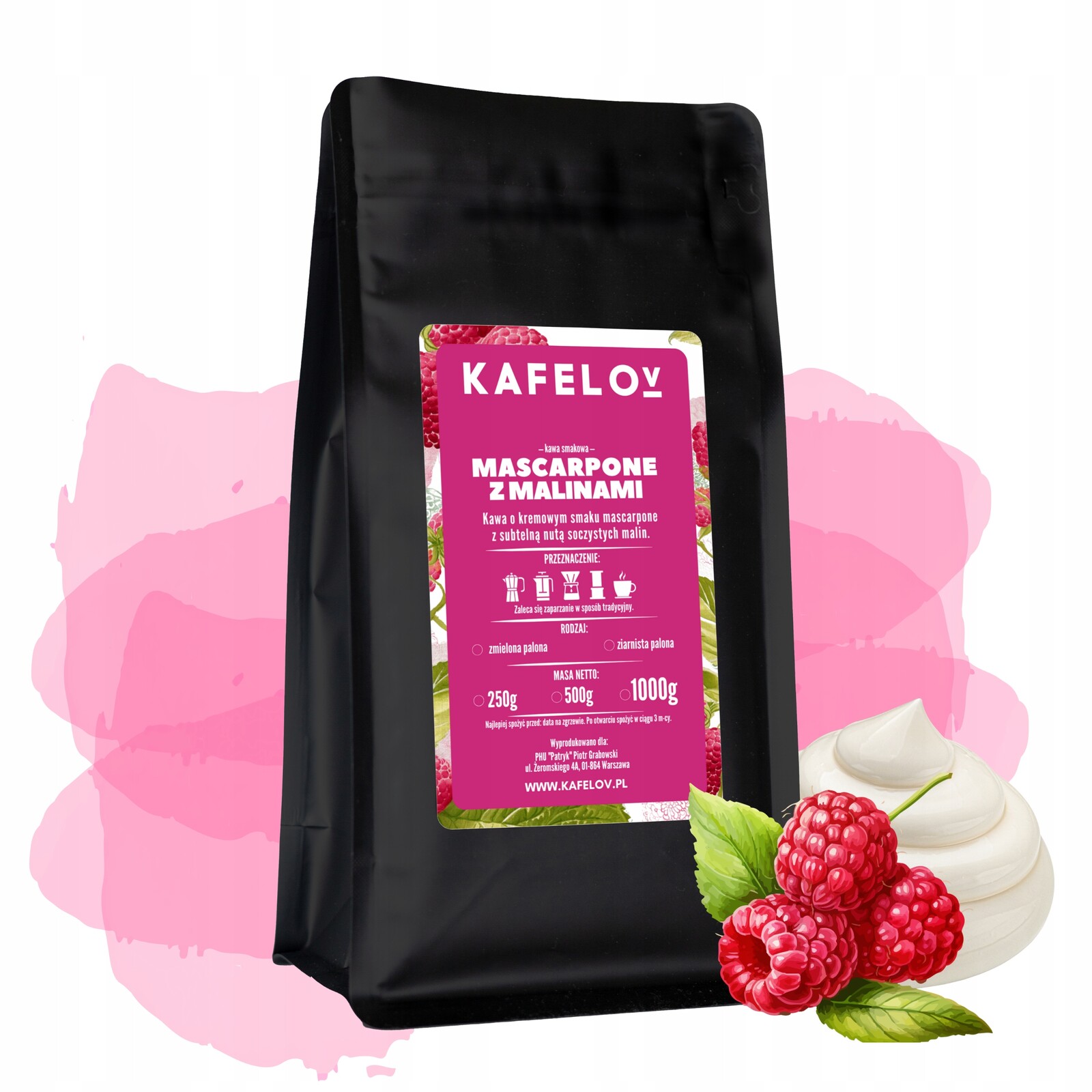 Káva ochucená Mascarpone s malinami 1 kg mletá, čerstvě pražená