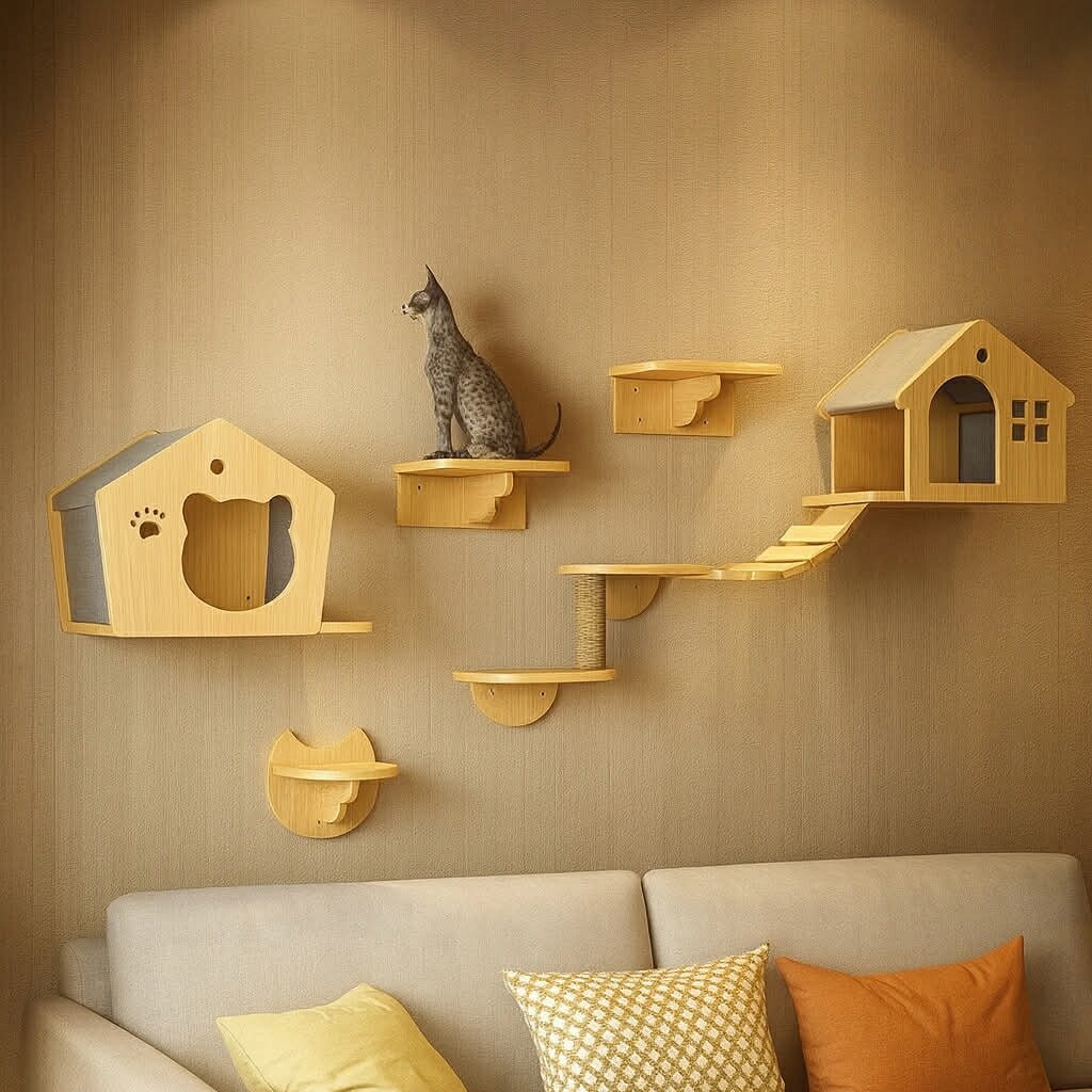 Škrabadlo Pro Kočky 7DÍLNÁ Sada Na Zeď Dřevo Překážková Dráha