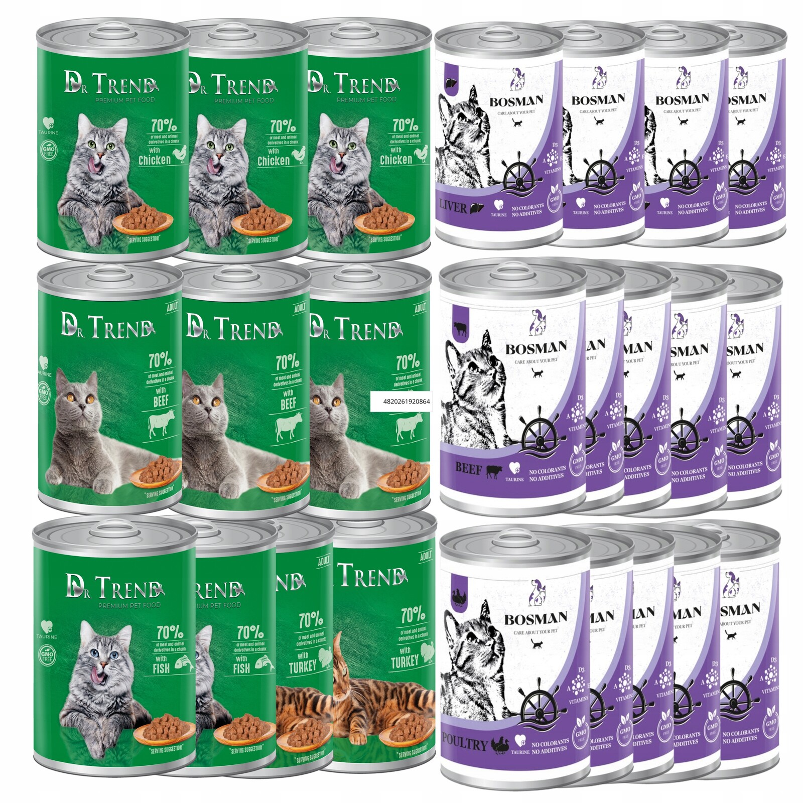 Krmivo Mokré Pro Kočky konzerva MIX Chutí 70% masa Dr. Trend, Bosman 24x400 g