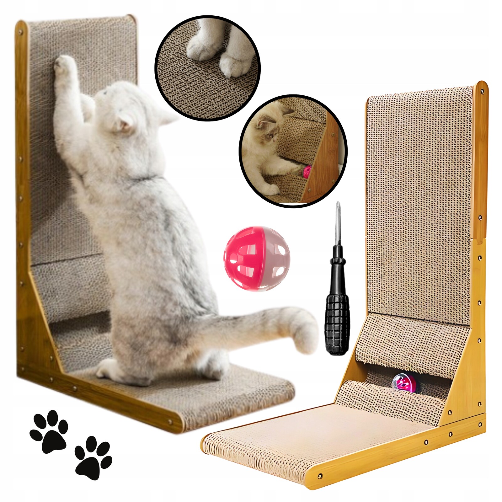 Škrabadlo pro kočky Rohové 2v1 s míčem Tunel Hračka 60 cm Odolná podložka