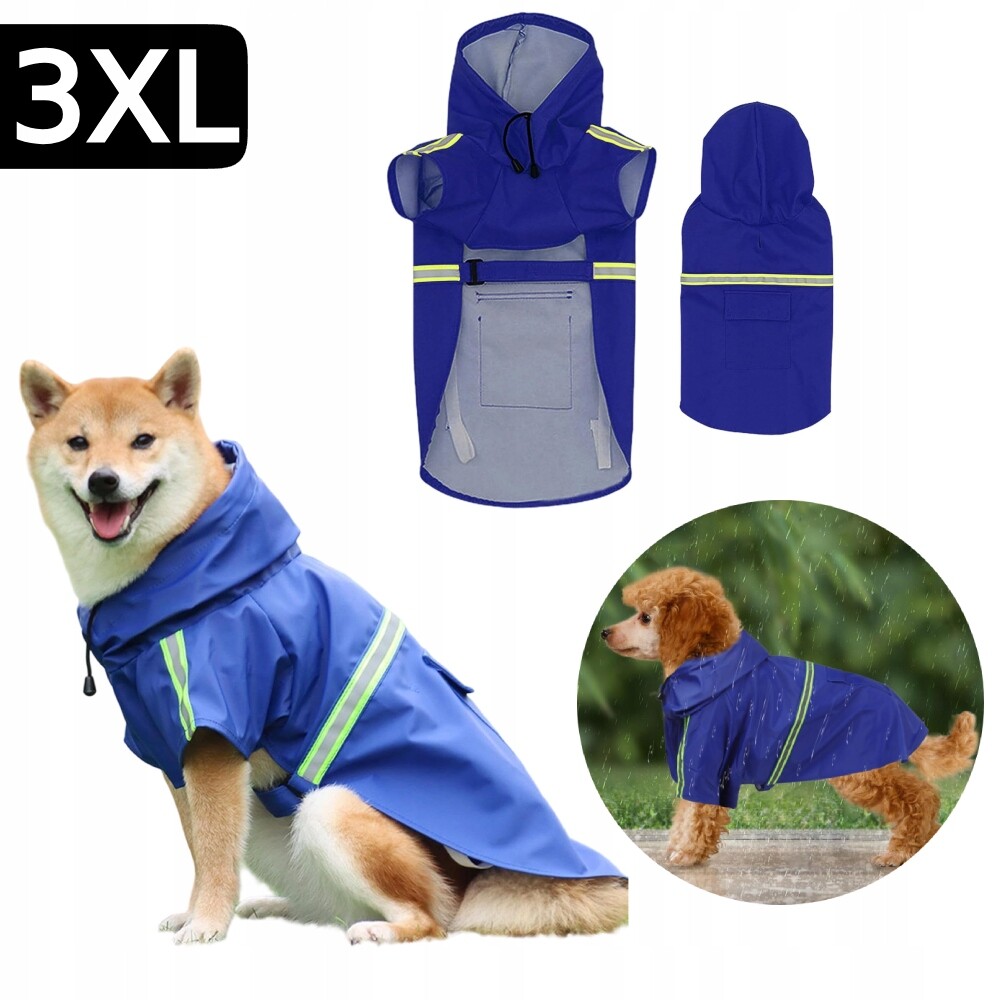 Psí dešťová bunda s kapucí, reflexní, nastavitelná, nepromokavá, modrá, 3XL