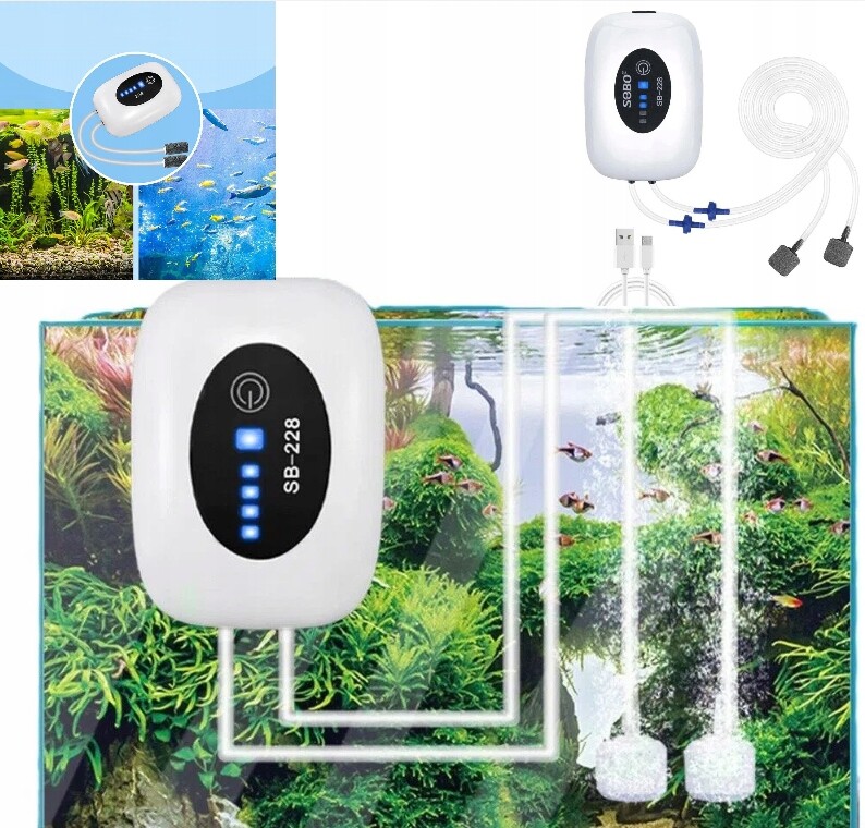 Přenosné Akváriové Vzduchové Čerpadlo Aerátor 2W Dvojité Zásuvky Usb 4800 Mah Baterie