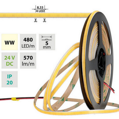 LED pásek McLED 24V COB teplá bílá 480LED/m 6W/m CRI90 5mm ML-126.111.90.2