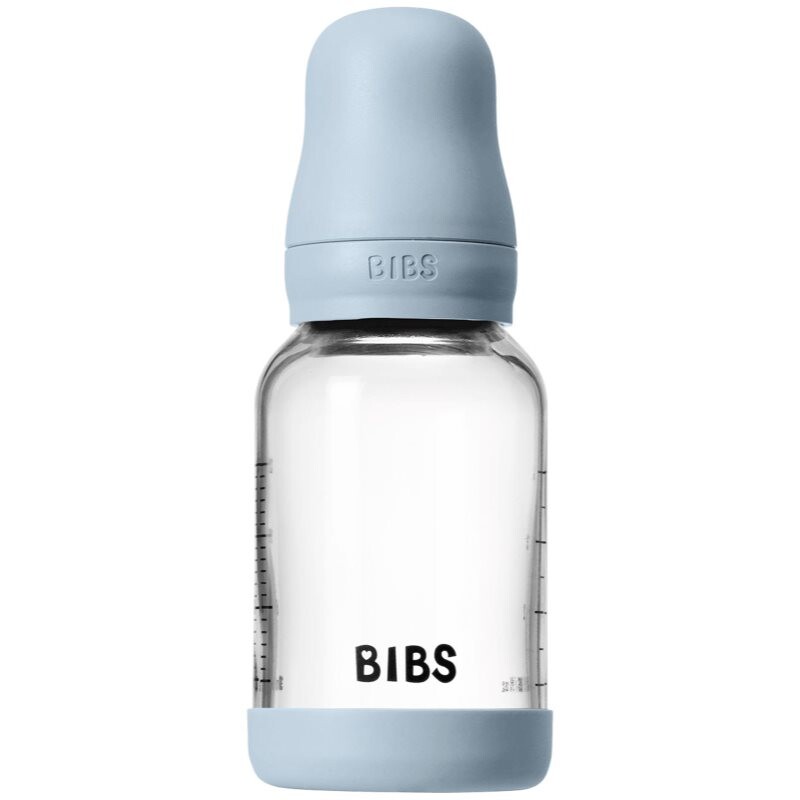 BIBS Baby Glass Bottle Silicone antikoliková lahev se silikonovým pítkem Baby Blue 120 ml