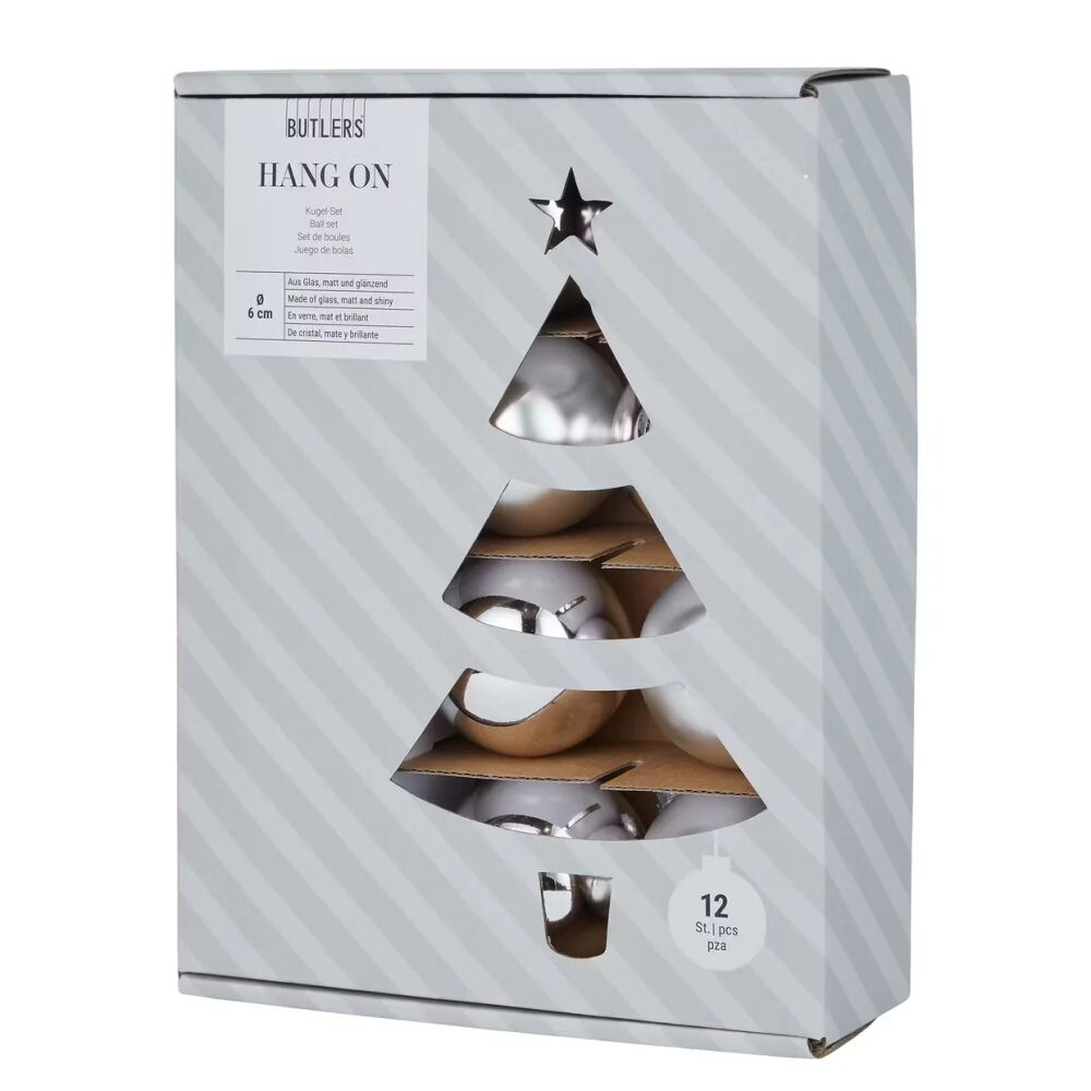 HANG ON Sada skleněných koulí 6 cm 12 ks - stříbrná