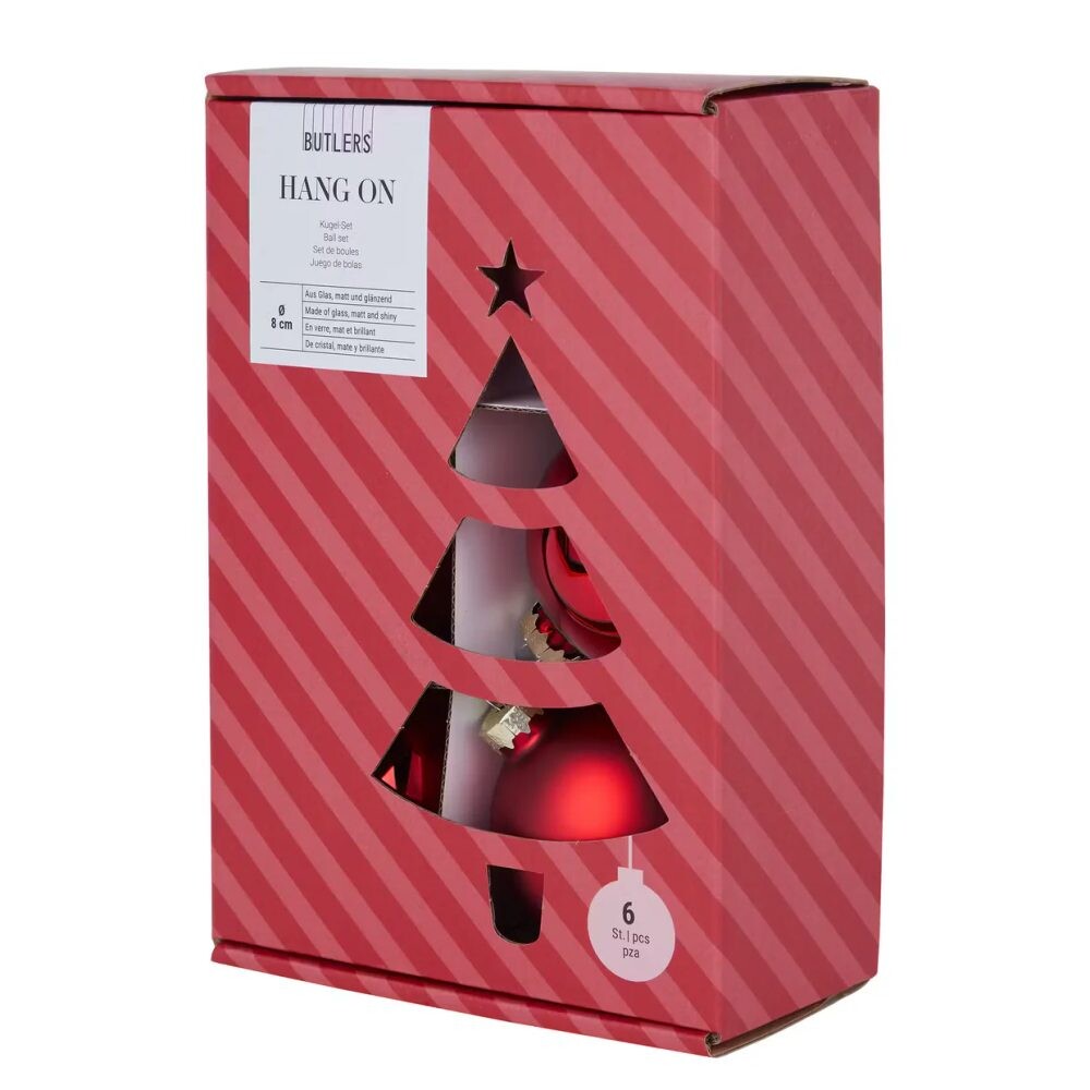 HANG ON Sada skleněných koulí 8 cm 6 ks - červená