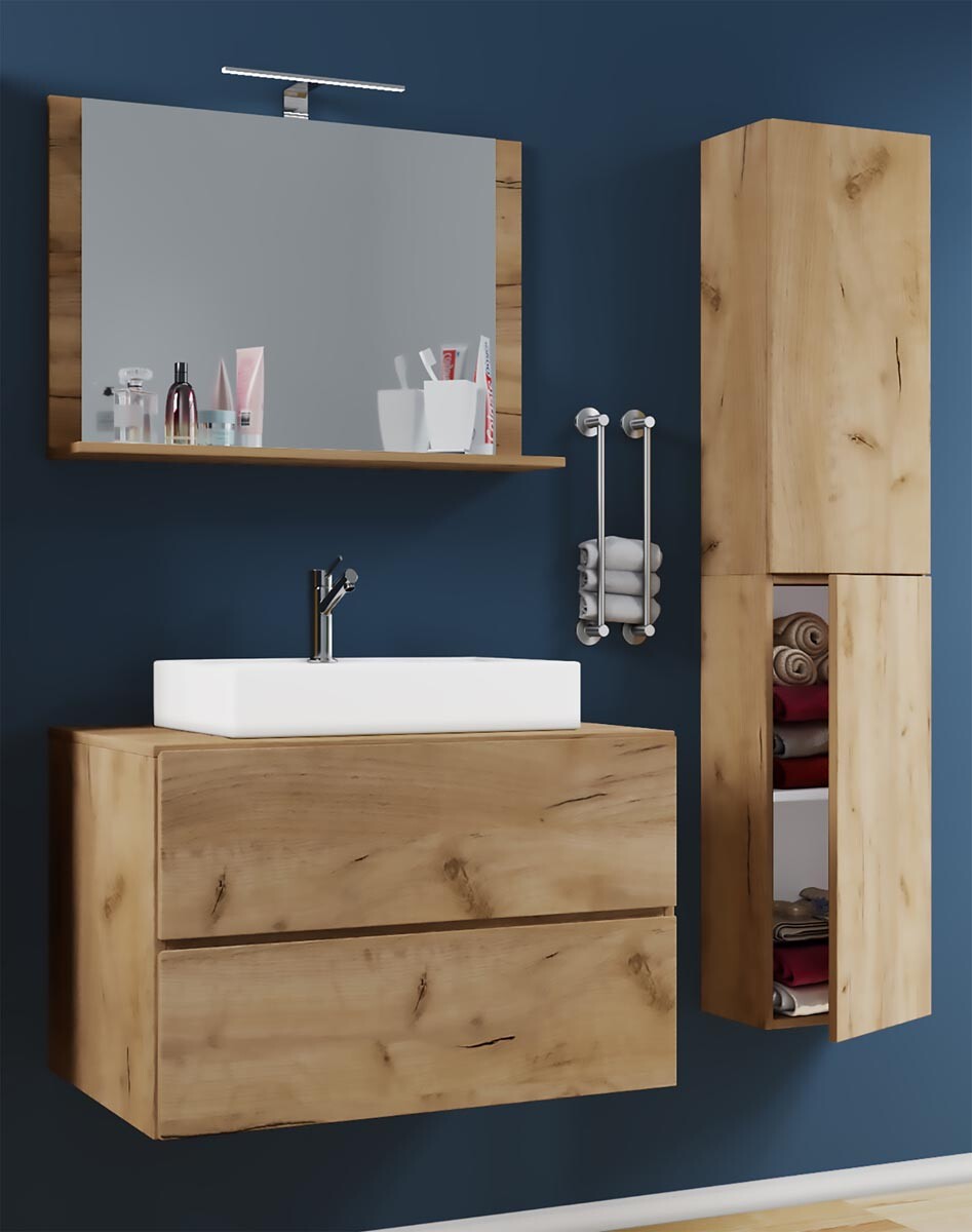 VCM 4dílná umyvadlová skříňka Lendas M 80 cm se zrcadlem a vysokou skříňkou, dub medový