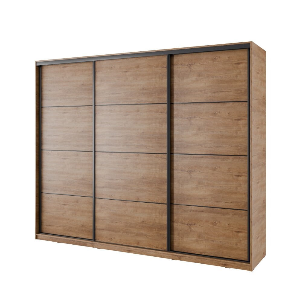 Šatní skříň NEJBY BARNABA 250 cm s posuvnými dveřmi, 4 šuplíky a 2 šatními tyčemi, dub lefkas