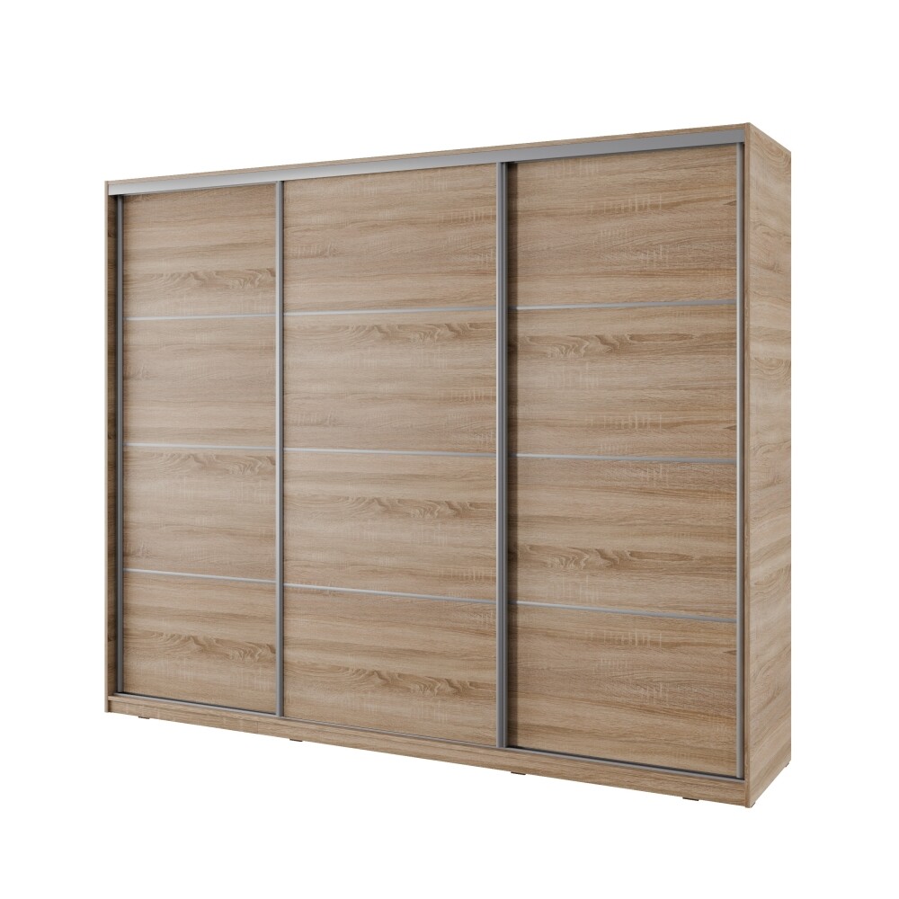 Šatní skříň NEJBY BARNABA 250 cm s posuvnými dveřmi, 4 šuplíky a 2 šatními tyčemi, dub sonoma