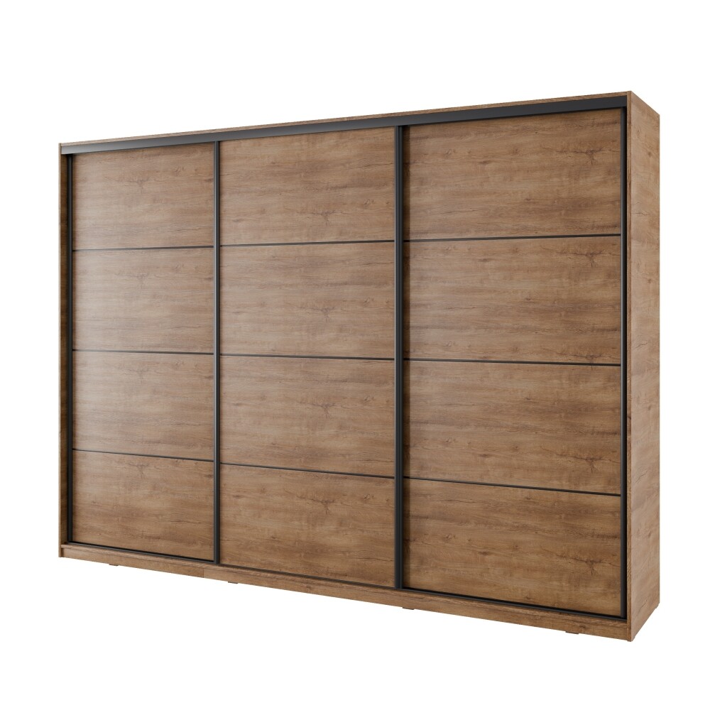 Šatní skříň NEJBY BARNABA 280 cm s posuvnými dveřmi, 4 šuplíky a 2 šatními tyčemi, dub lefkas