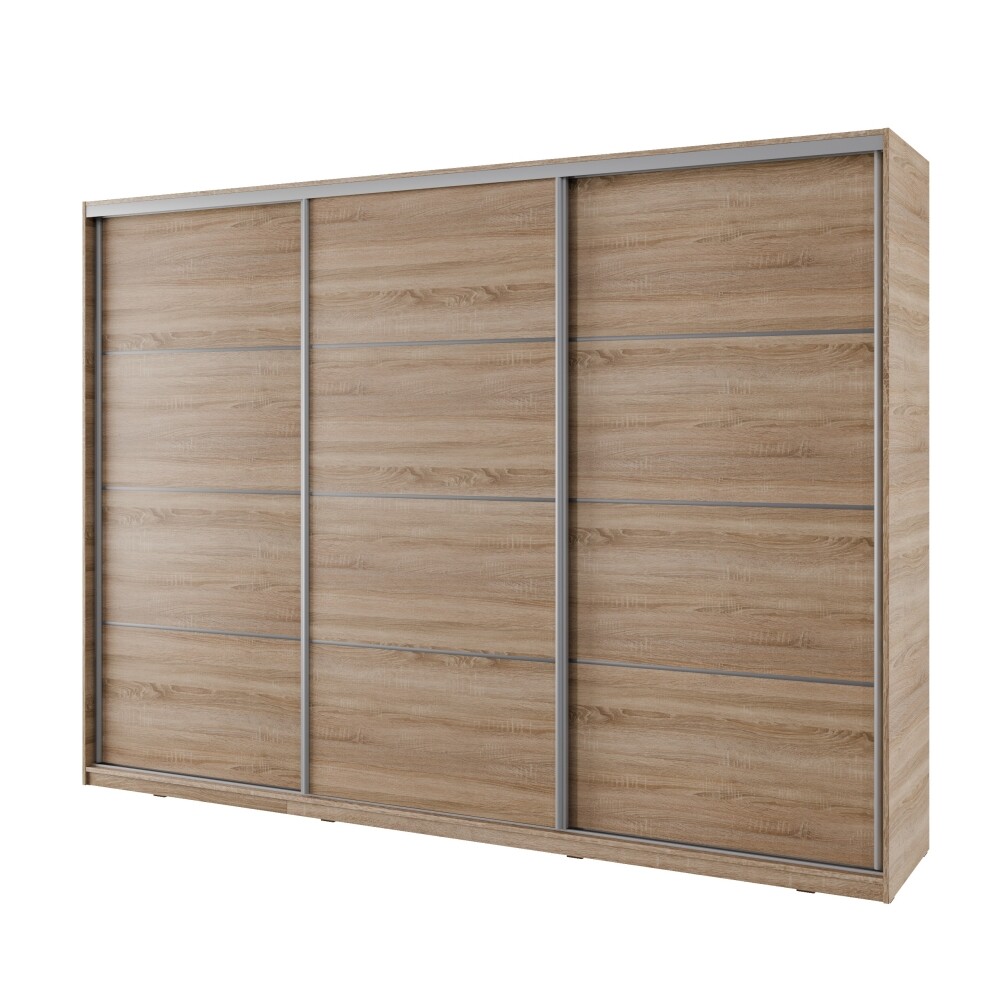 Šatní skříň NEJBY BARNABA 280 cm s posuvnými dveřmi, 4 šuplíky, 2 šatními tyčemi, dub sonoma