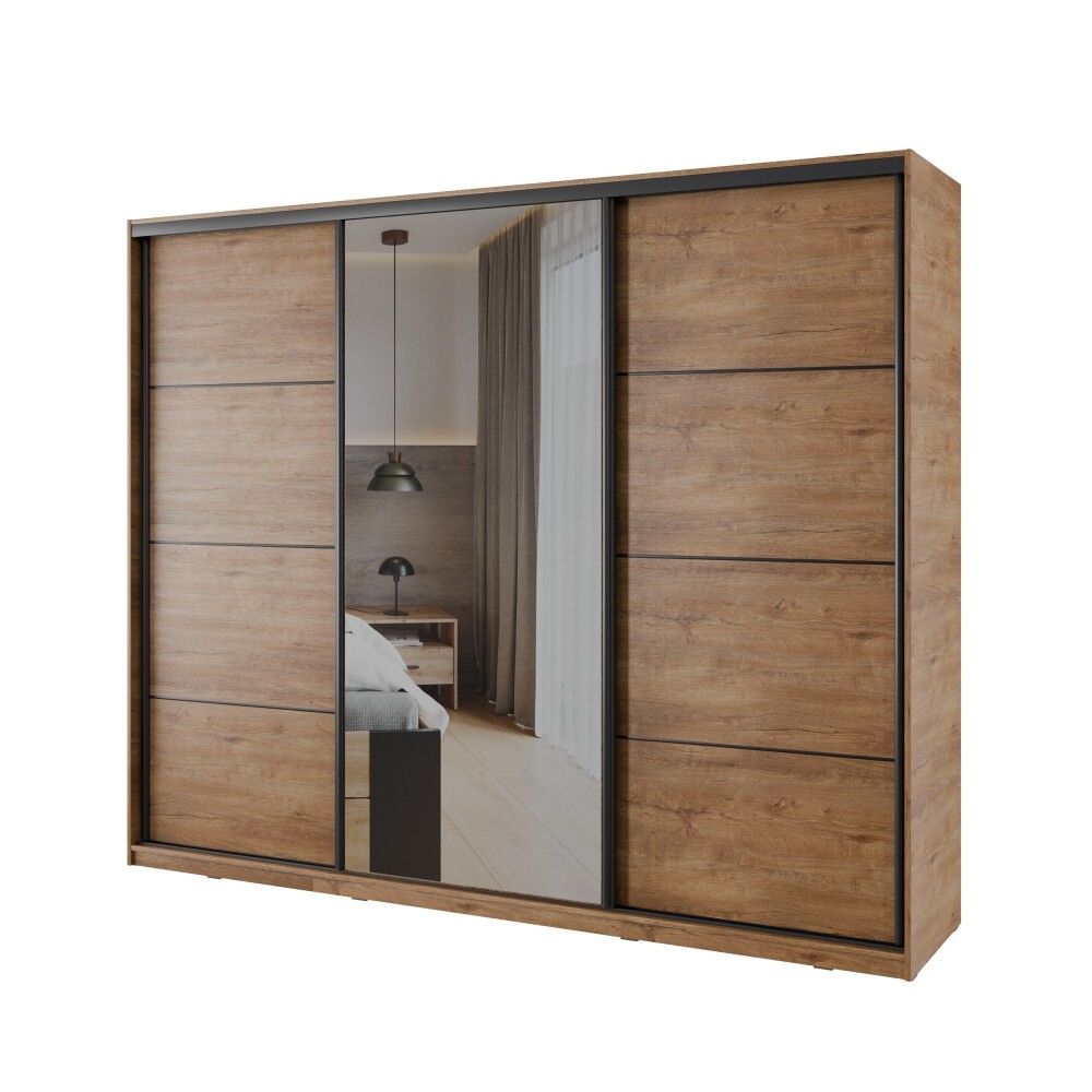 Šatní skříň NEJBY BARNABA 250 cm s posuvnými dveřmi,zrcadlem,4 šuplíky a 2 šatními tyčemi,dub lefkas