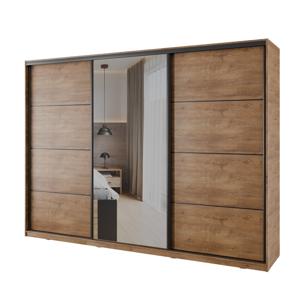 Šatní skříň NEJBY BARNABA 280 cm s posuvnými dveřmi,zrcadlem,4 šuplíky a 2 šatními tyčemi,dub lefkas
