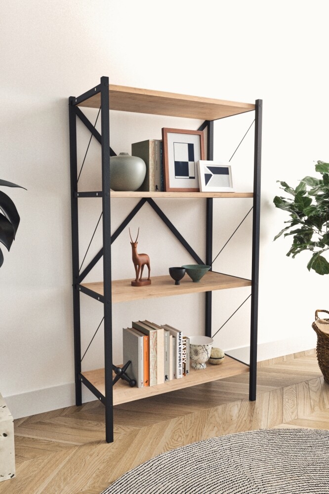 Kovový regál HALROS, černá/dub safírový