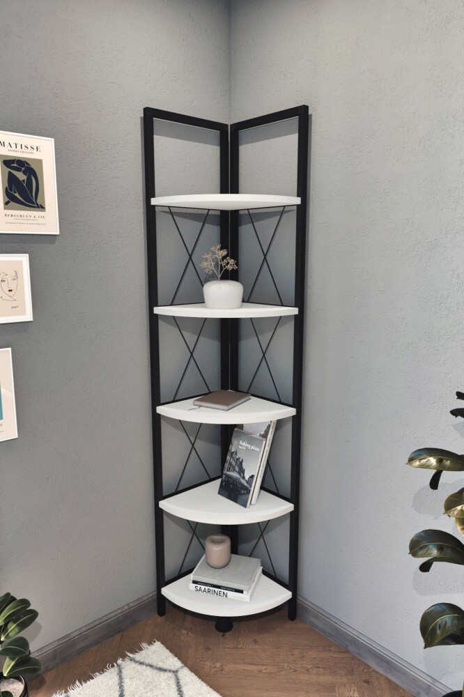 Kovový rohový regál SARUL, černá/bílá