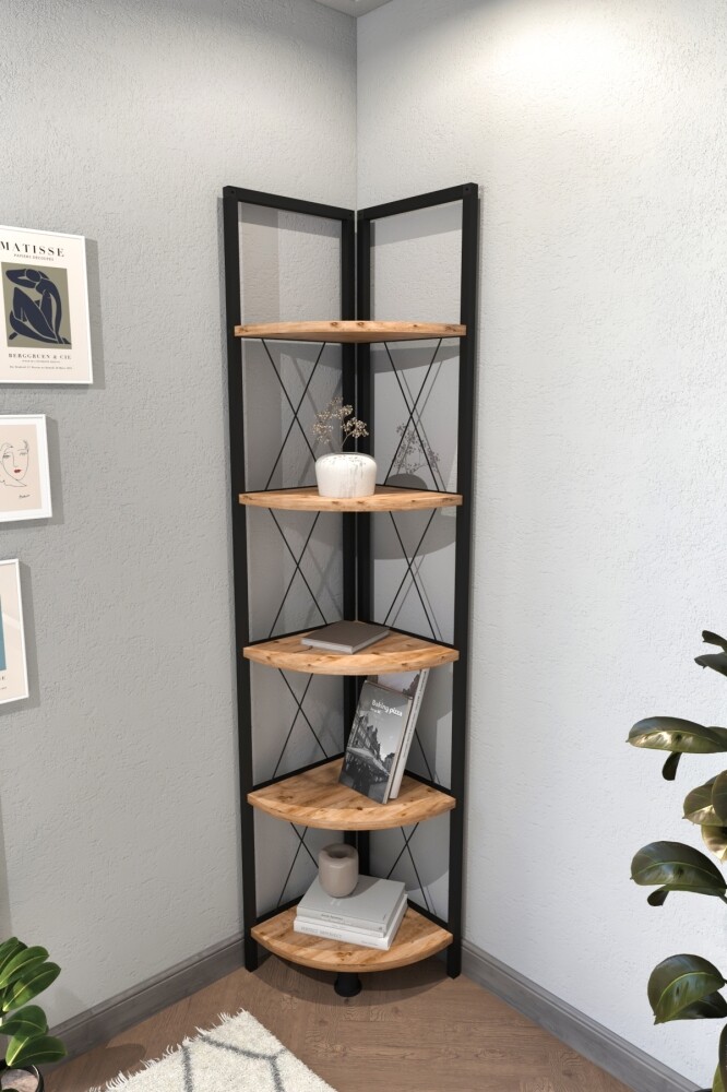 Kovový rohový regál SARUL, černá/borovice