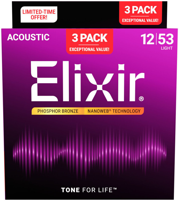 Elixir 16569 Nanoweb Phosphor Bronze Light (12-53) 3-pack