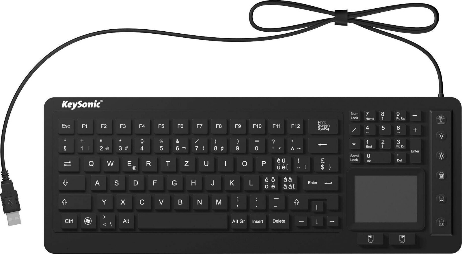 Keysonic KSK-6231 INEL (CH) USB klávesnice švýcarská, QWERTZ černá silikonová membrána, vodotěsné (IPX7), s podsvícením, integrovaný touchpad, tlačítka myši