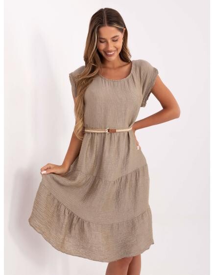 Tmavě béžové rozšířené šaty s páskem
