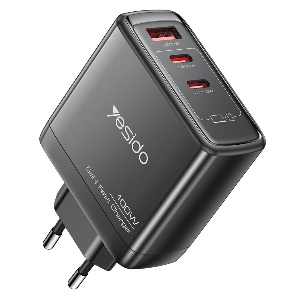 Yesido Wall Charger YC142 GaN rychlonabíječka 3v1 pro telefon notebook tablet USB 2x Type-C 100W černá
